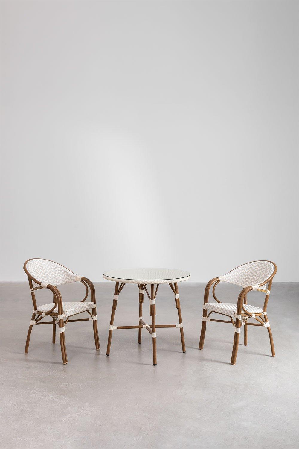 Sklum Set De Mesa Redonda Ø80 Cm Y 2 Sillas De Comedor Apilables Con Reposabrazos En Aluminio Brielle Bistro