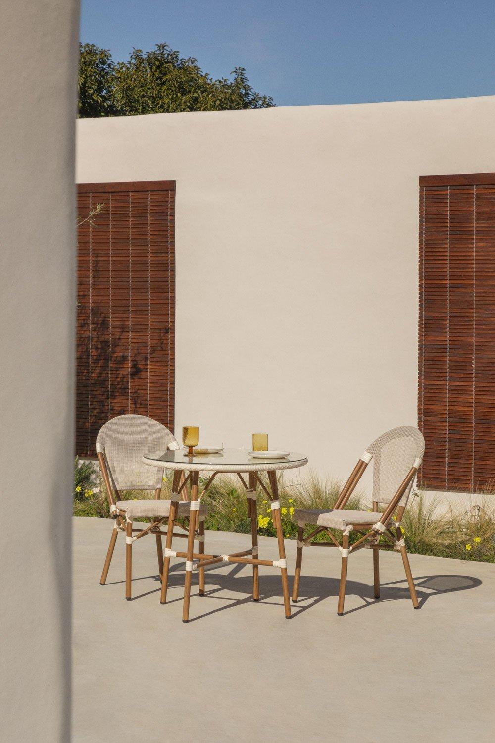 sklum Set de mesa redonda Ø80 cm y 2 sillas de jardín apilables en textilene y aluminio Brielle Bistro