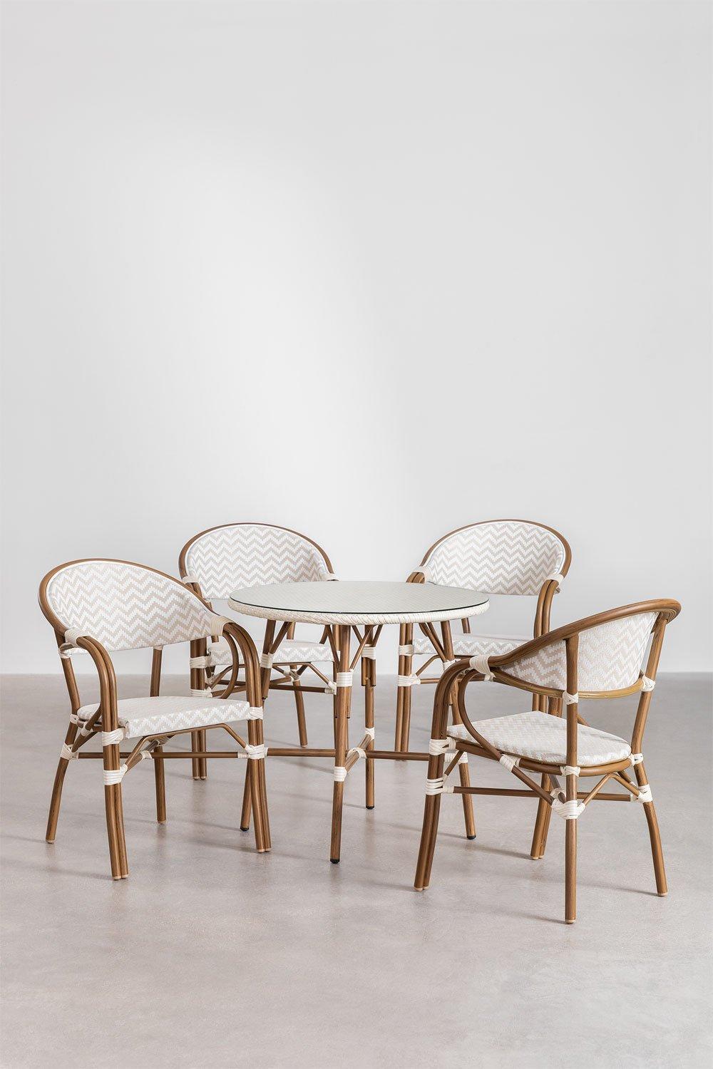 sklum Set de mesa redonda Ø80 cm y 4 sillas de comedor apilables con reposabrazos en aluminio Brielle Bistro