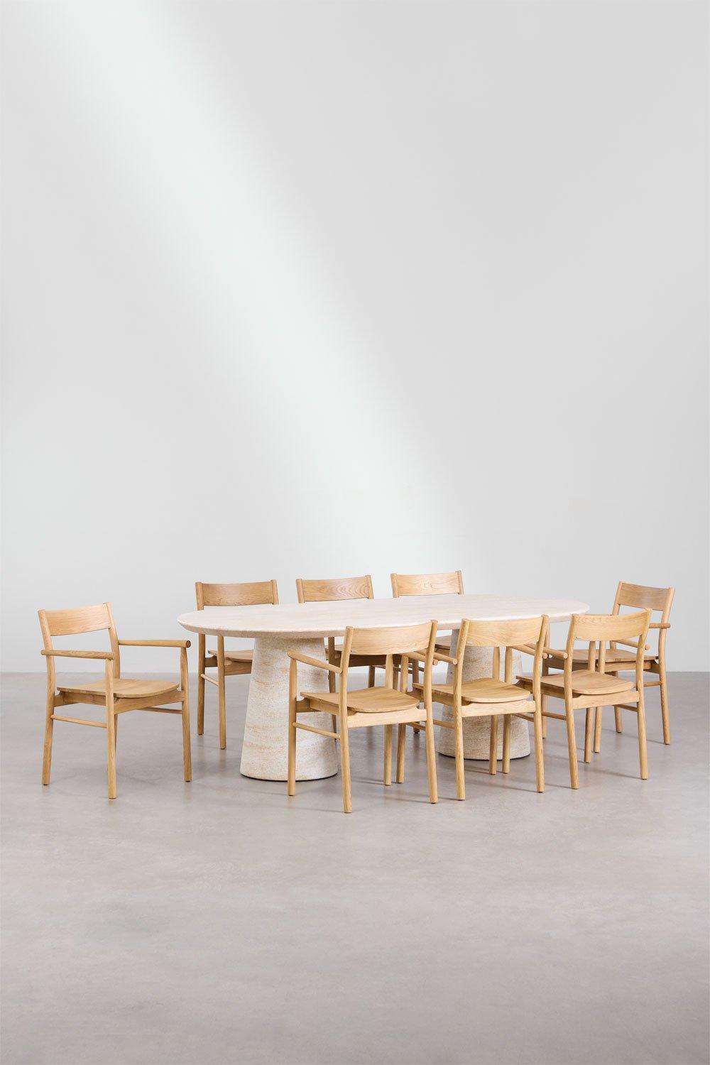 Sklum Set Of Oval Table In Travertine Look Cement (220x95 Cm) Noemi And 8 Dining Chairs In Oak Wood Mara Signature