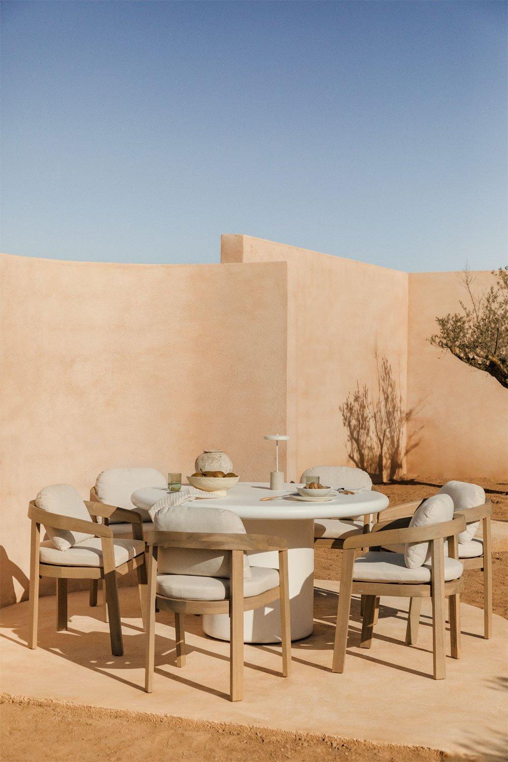 sklum Set van ronde tafel Ø140 cm in Namara cement en 6 Uleno acacia houten tuinstoelen