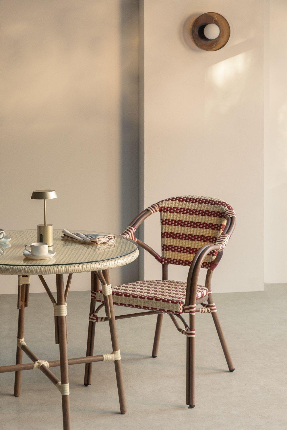 sklum Silla de comedor apilable con reposabrazos en ratán sintético y aluminio Solange Bistro