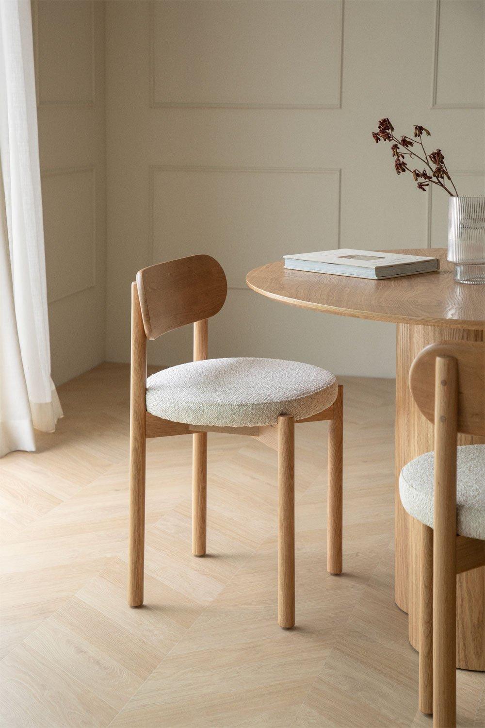 sklum Silla de comedor en madera de roble natural y chenilla blanco roto Bianca