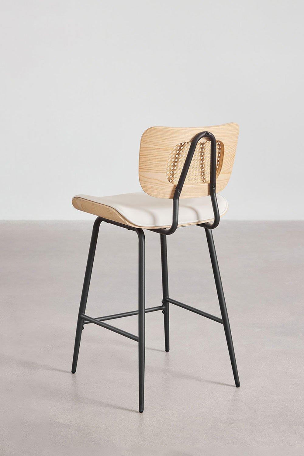 Sklum Tabouret Haut 65cm En Bois Rotin Et Simili Cuir Blanc Raysa