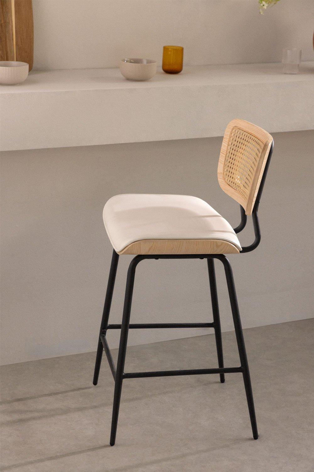 sklum Tabouret haut 65cm en bois rotin et simili cuir blanc Raysa