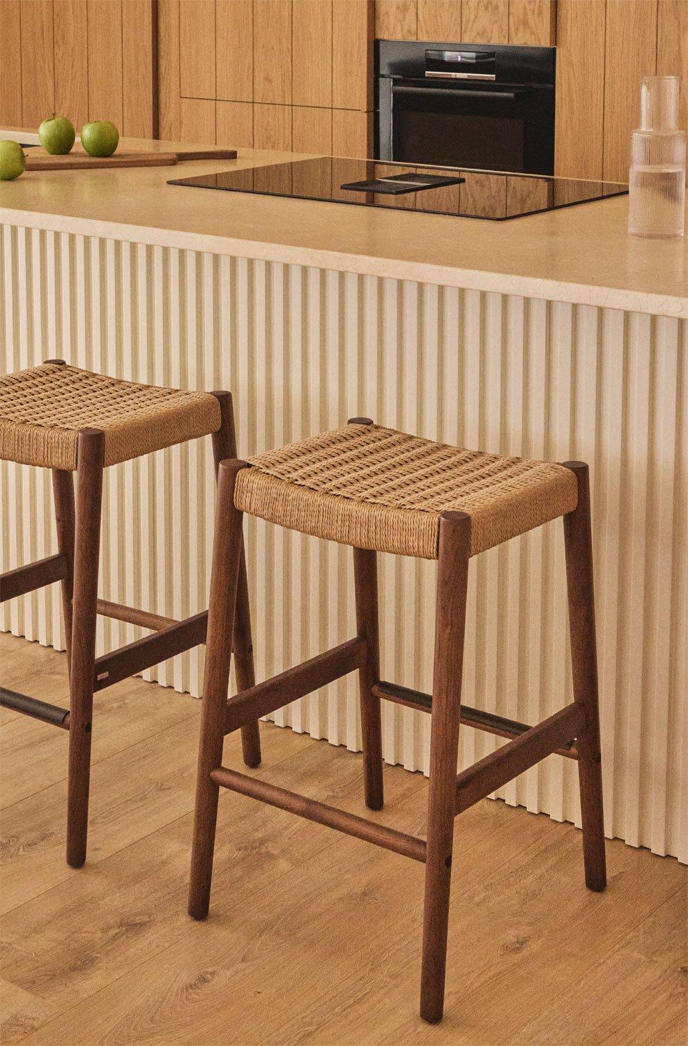 sklum Tabouret haut 66cm en bois de chêne foncé et corde tressée Mara