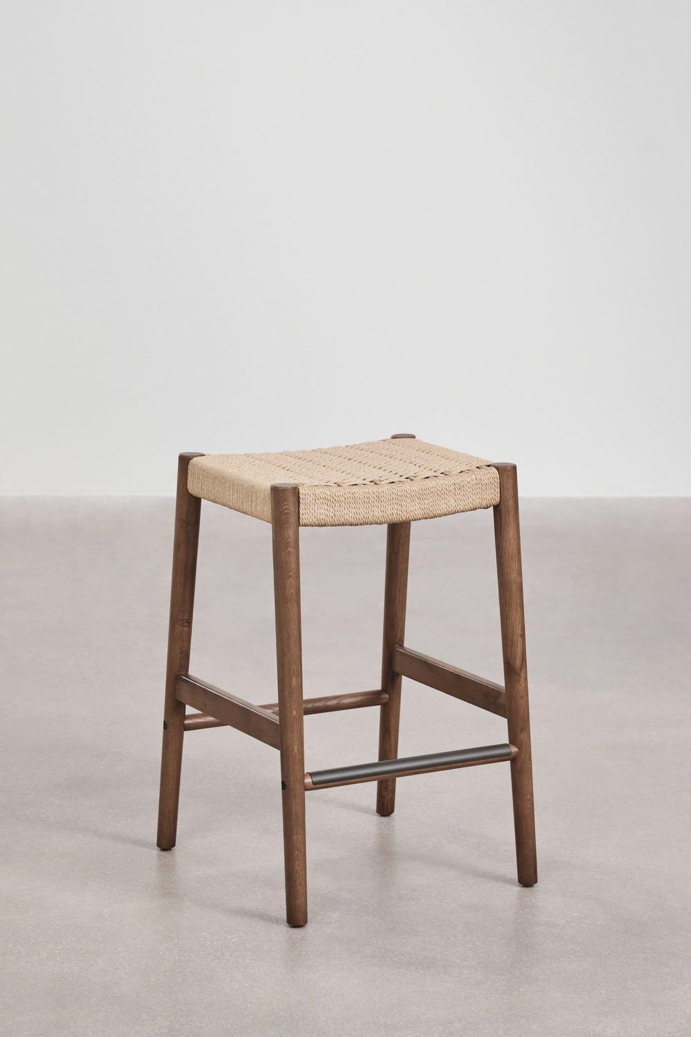 Sklum Taburete Alto 66cm En Madera De Roble Oscura Y Cuerda Trenzada Mara