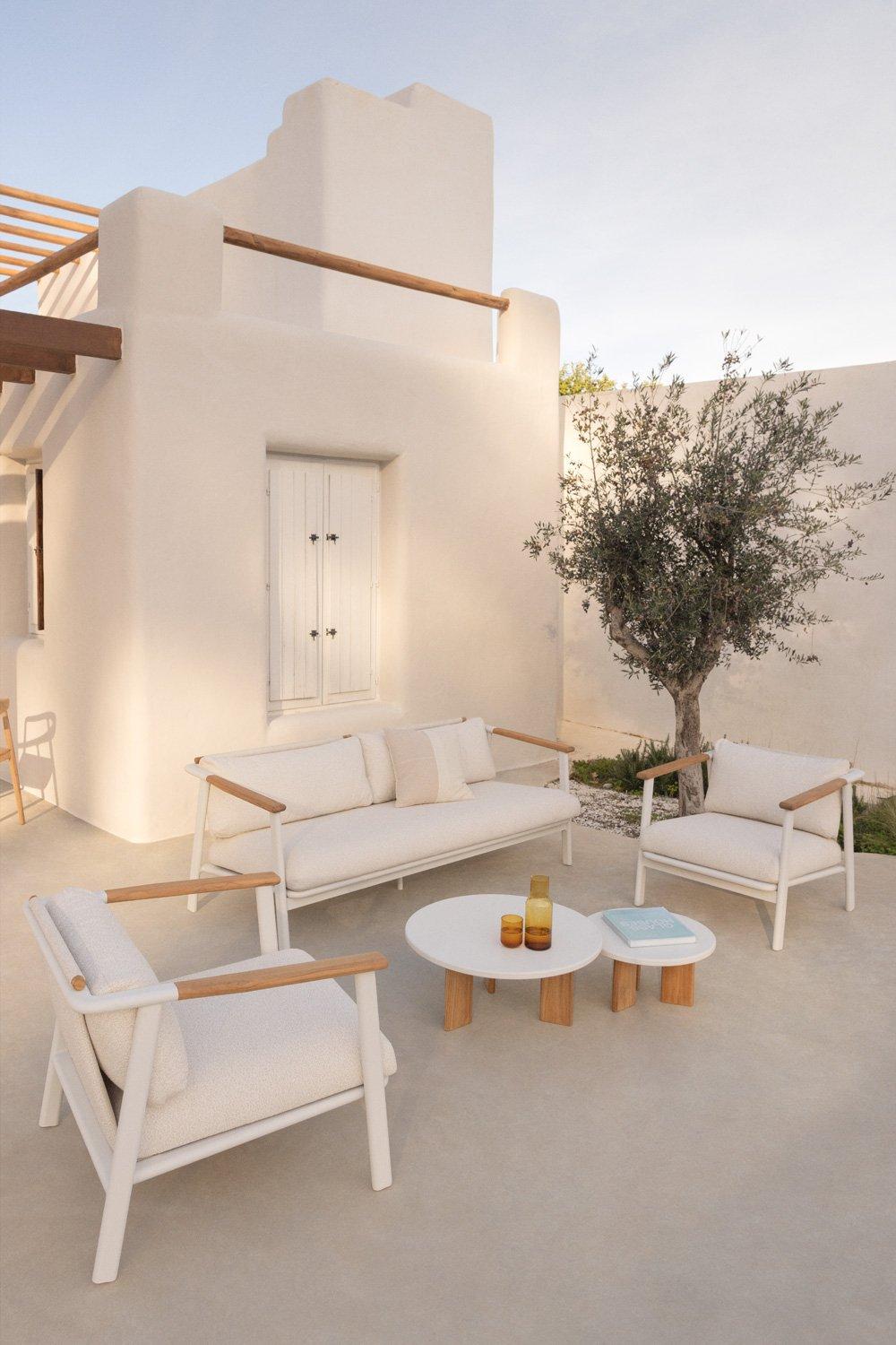 sklum Tuinset met 2-zits bank in bouclé stof 2 salontafels en 2 fauteuils in aluminium Yervin