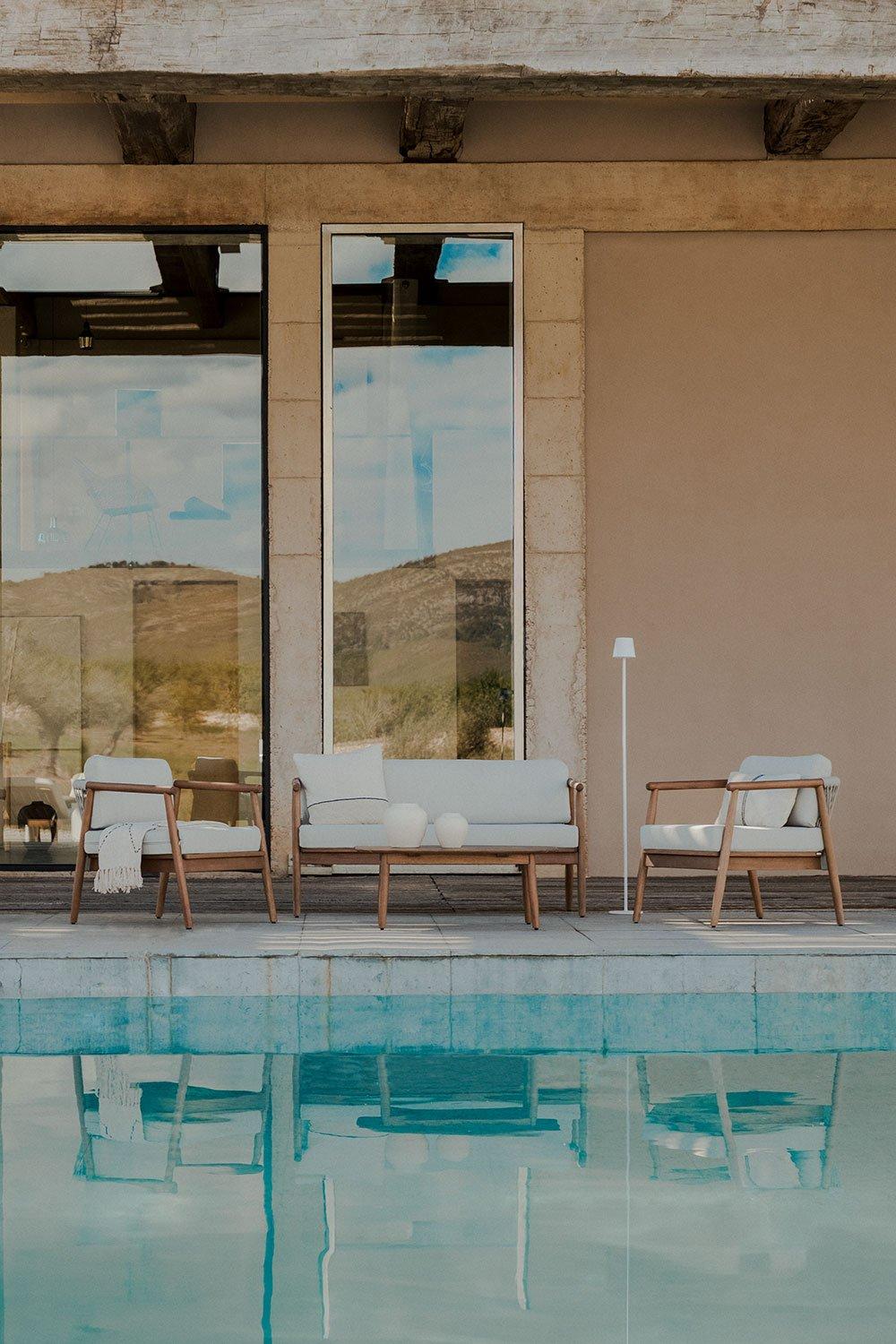 sklum Tuinset met 2-zitsbank 2 fauteuils en salontafel in Aderyn eucalyptushout