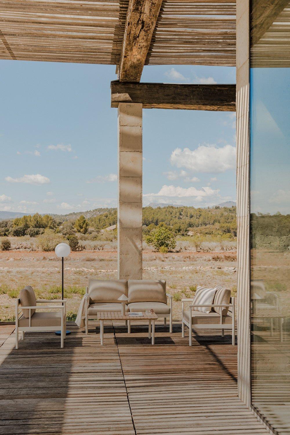 sklum Zestaw ogrodowy z 2-osobową sofą 2 fotelami i stolikiem kawowym z aluminium i drewna akacjowego Beirik