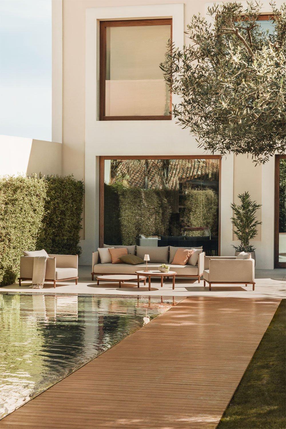 sklum Zestaw ogrodowy z sofą 3-osobową 2 fotelami i 2 okrągłymi stolikami kawowymi z drewna akacjowego Olivia