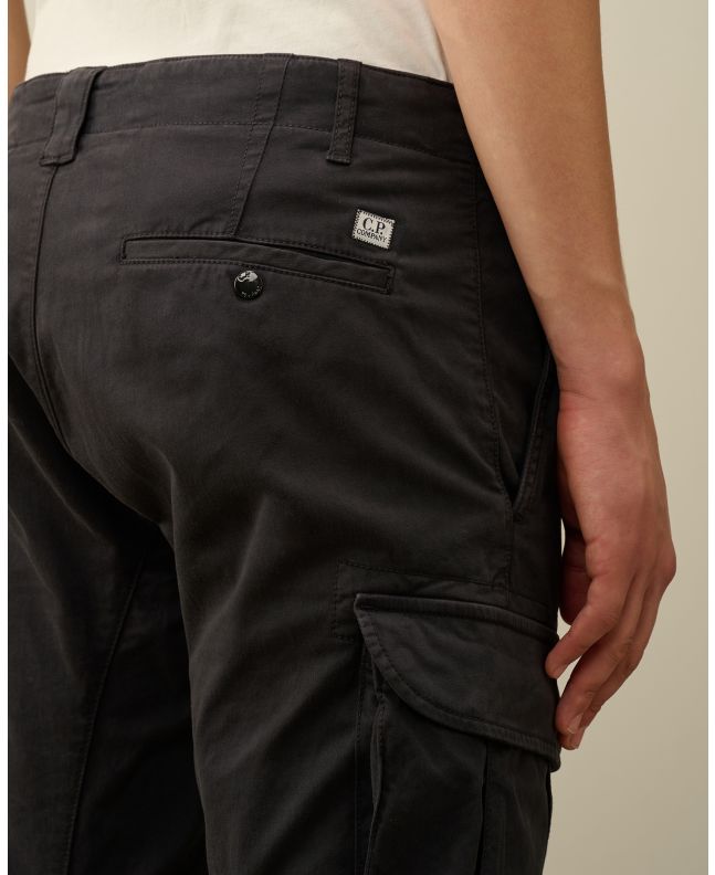 Spezial Madrid C.P. Company Garment Dyed Stretch Sateen Fitted Lens Pocket Cargo Pants Black Sand