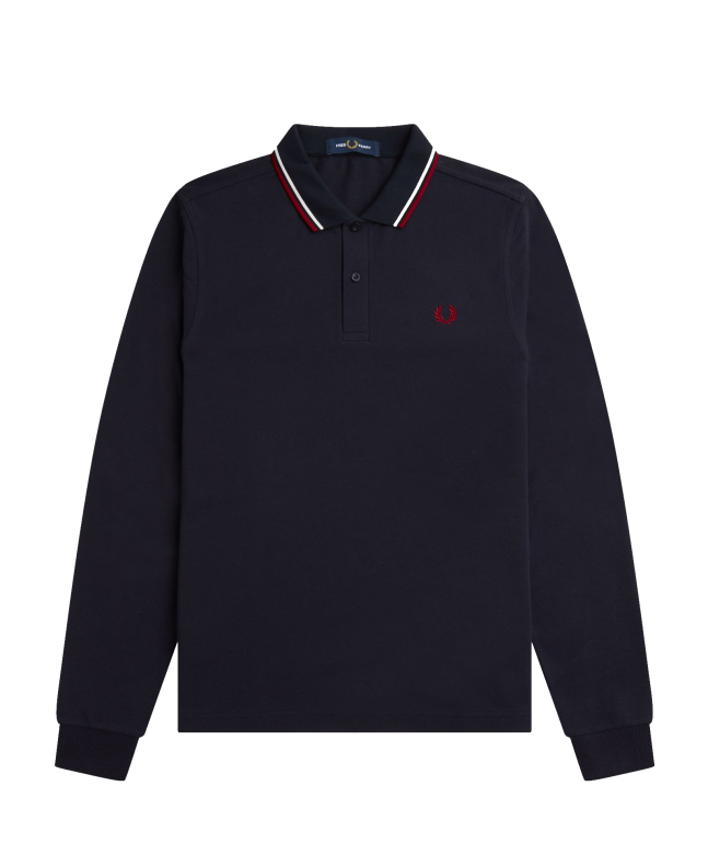 spezial madrid Fred Perry Authentic Long Sleeved Twin Tipped Polo Navy Snow White & Burnt Red