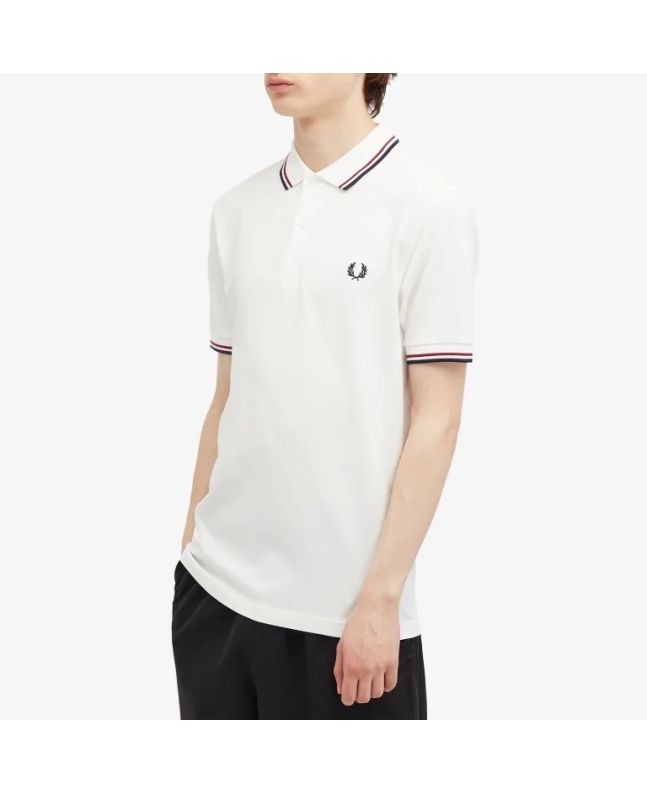 Spezial Madrid Fred Perry Slim Fit Twin Tipped Polo Snow White Burnt Red & Navy