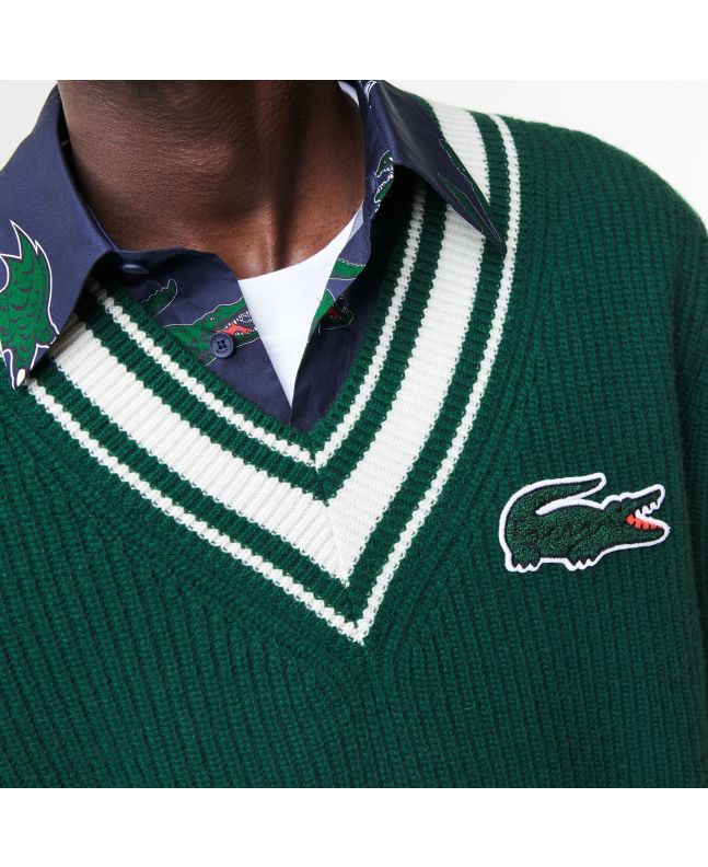Spezial Madrid Lacoste Holiday Striped V-Neck Sweater Comic Book Effect Badge Green