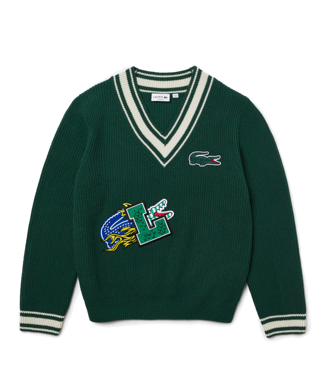 spezial madrid Lacoste Holiday Striped V-Neck Sweater Comic Book Effect Badge Green