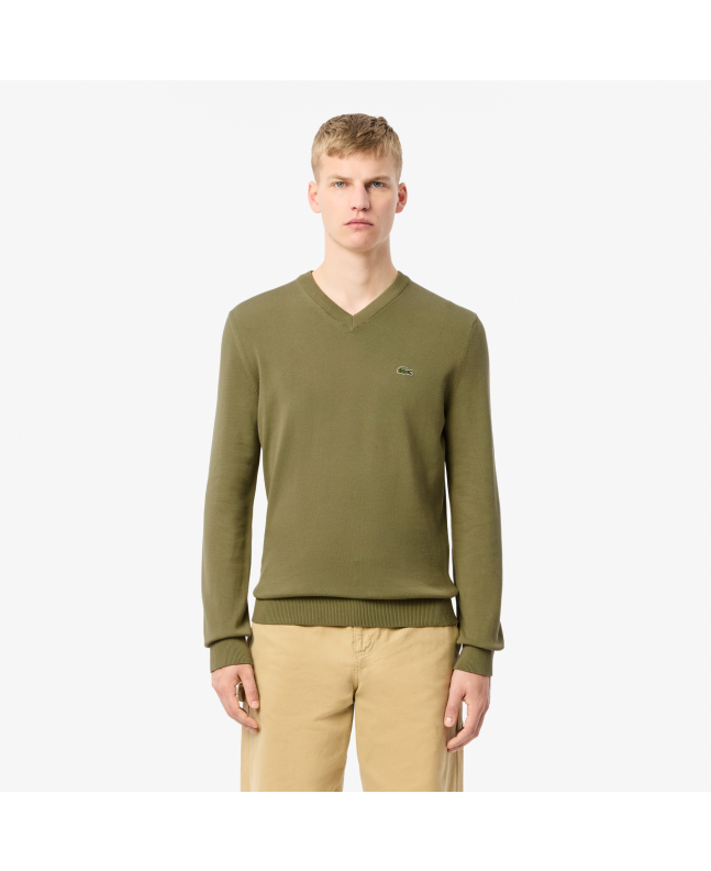 Spezial Madrid Lacoste Organic Cotton V-Neck Sweater Khaki