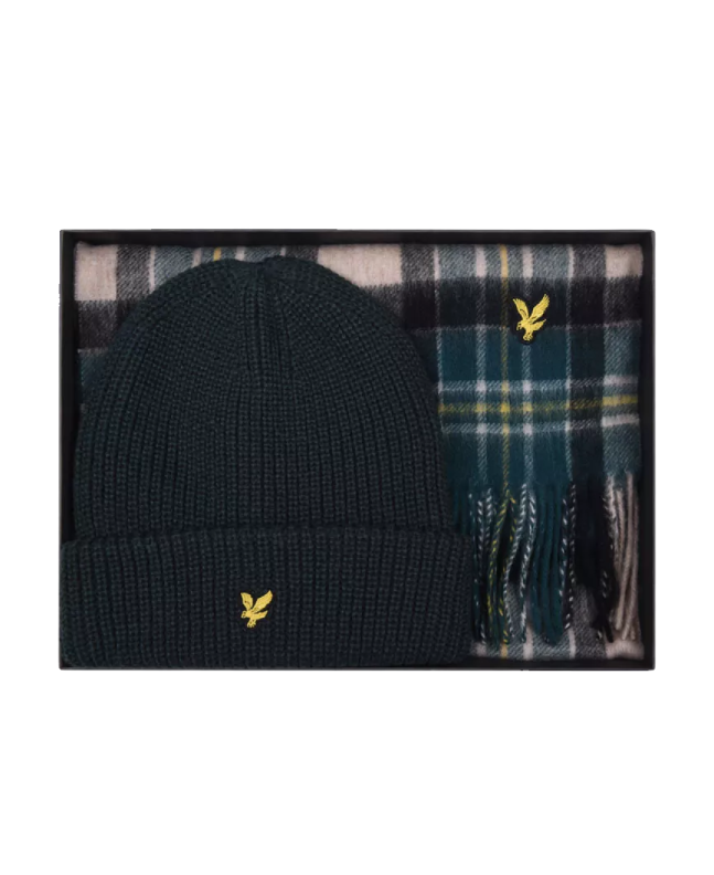 spezial madrid Lyle & Scott Lambswool Blend Checked Scarf & Beanie Gift Set Dark Navy