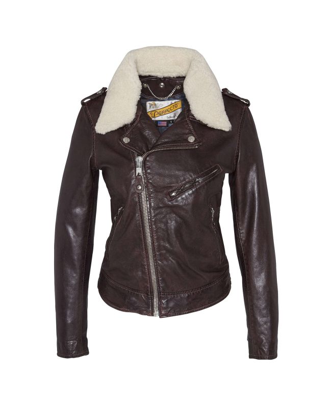 spezial madrid Schott NYC LCW2607 Lady Perfecto Jacket with Removable Sheepskin Collar Plum