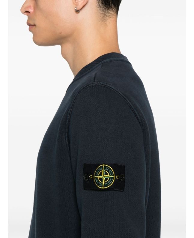 Spezial Madrid Stone Island 61241 Organic Cotton Diagonal Fleece "Old Effect" Crew Neck Sweatshirt Navy Blue