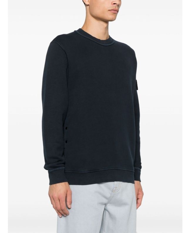 Spezial Madrid Stone Island 61241 Organic Cotton Diagonal Fleece "Old Effect" Crew Neck Sweatshirt Navy Blue