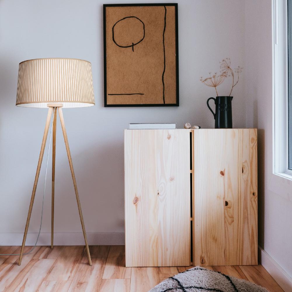 Sulion Lámpara De Pie BEA. Madera Natural Y Textil Beige. 62x62x152cm|Sulion