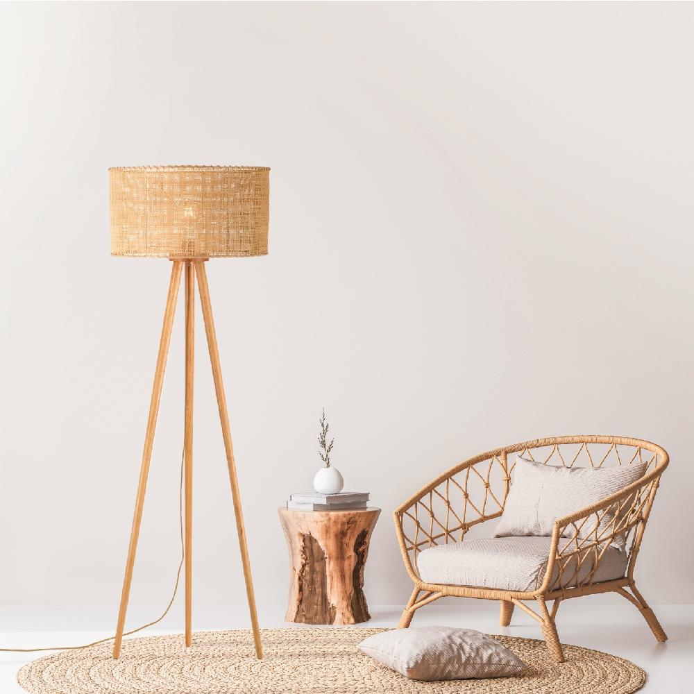 Sulion Lámpara De Pie De Salón WALA. Madera Y Pantalla Ratán 57 5x57 5x145cm