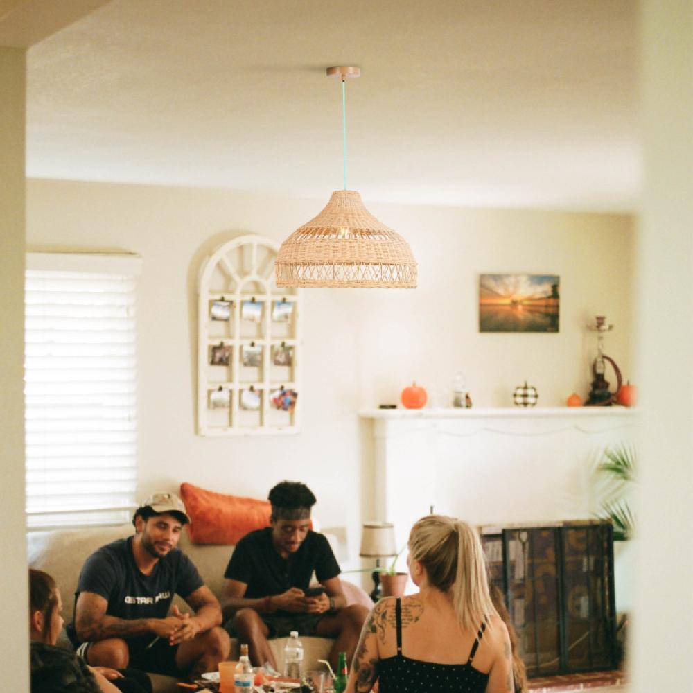 Sulion Lámpara De Techo BOHO. Ratán Y Cable Turquesa. 1xE27 |Sulion