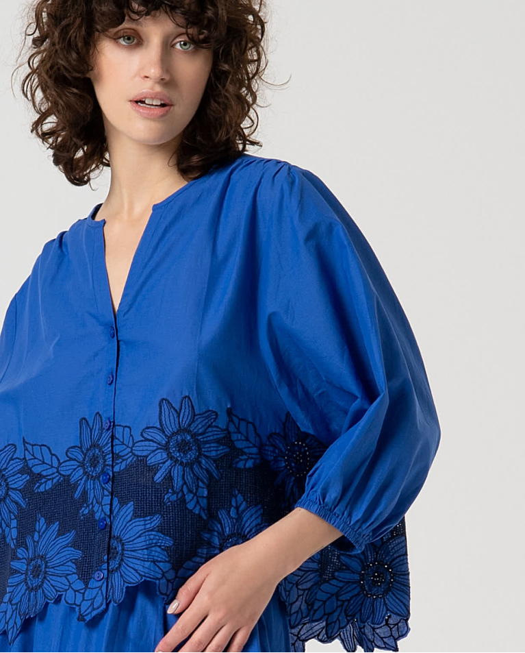 Surkana Blusa Oversize Algodón Con Bordado Azul Cobalto