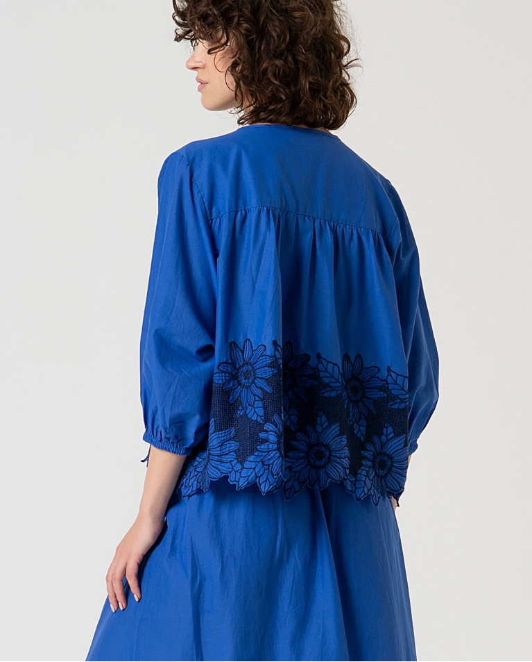 Surkana Blusa Oversize Algodón Con Bordado Azul Cobalto