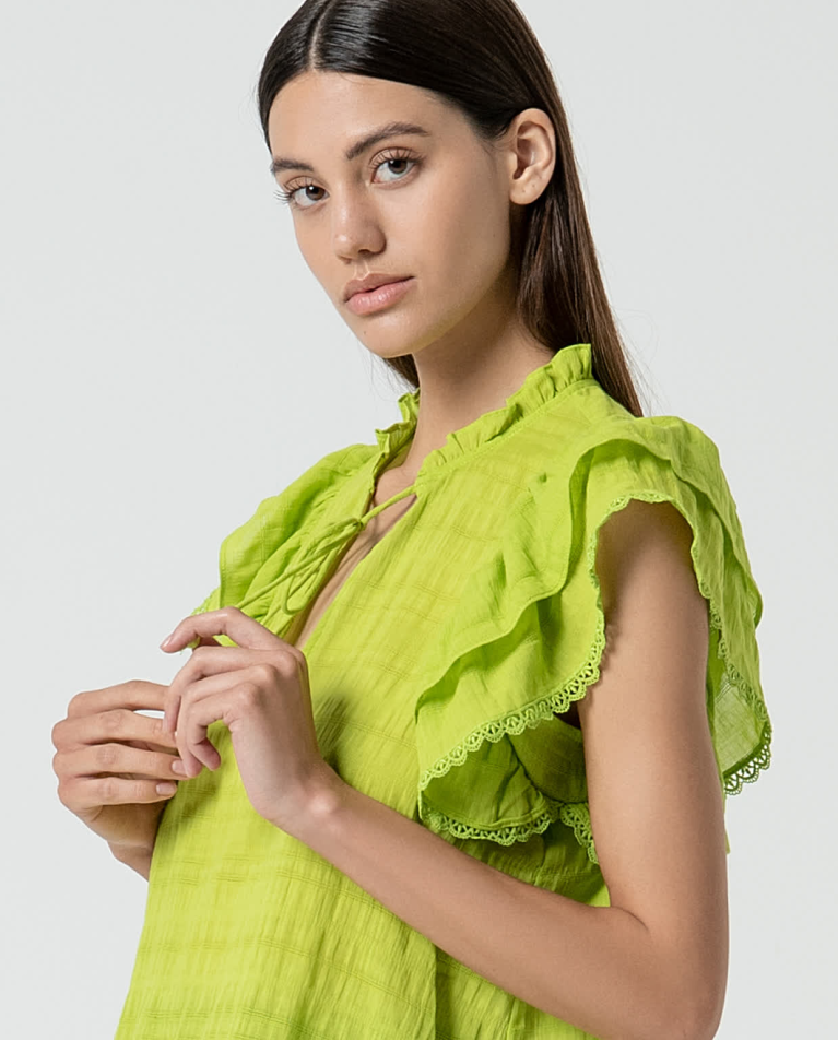 Surkana Blusa Romántica Con Volantes Lisa Verde Acido