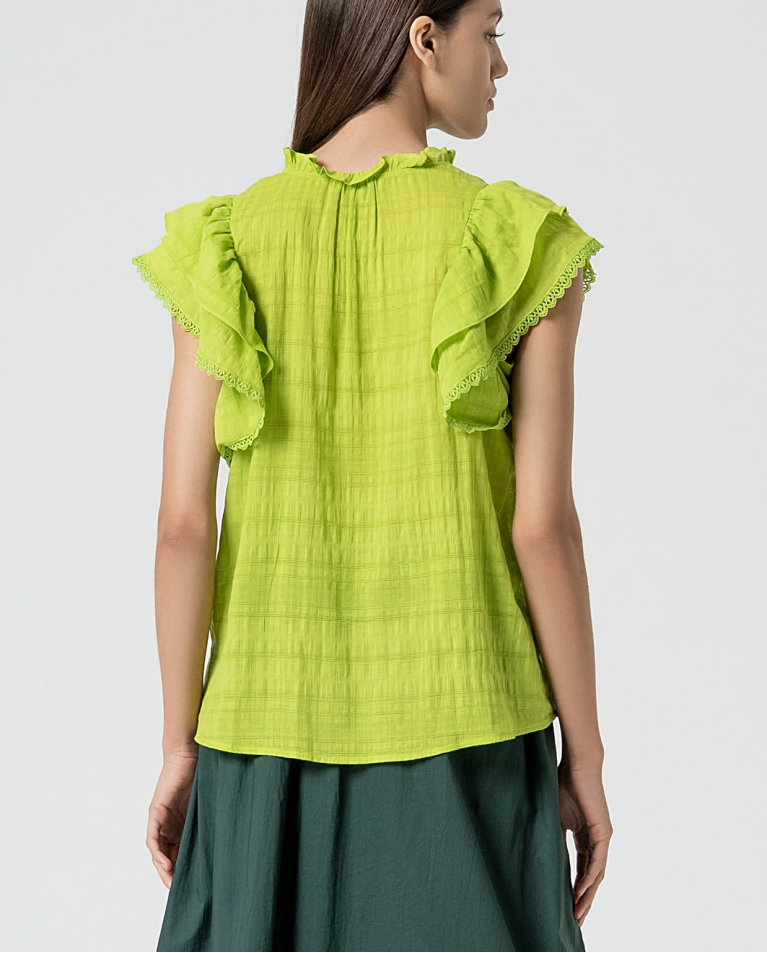 Surkana Blusa Romántica Con Volantes Lisa Verde Acido