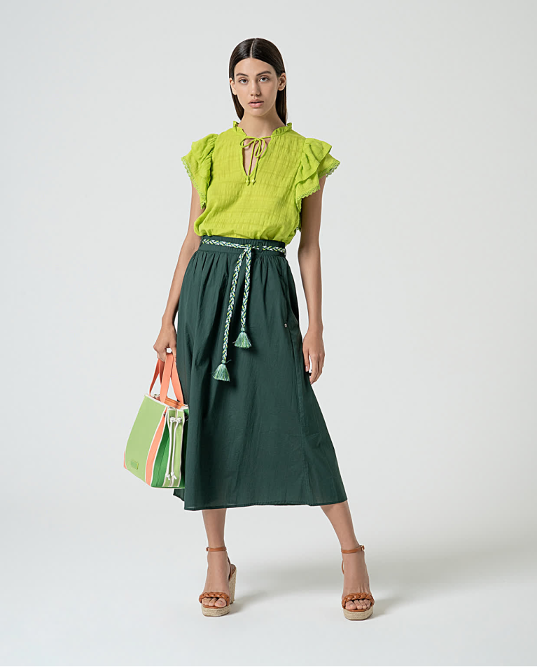 Surkana Blusa Romántica Con Volantes Lisa Verde Acido