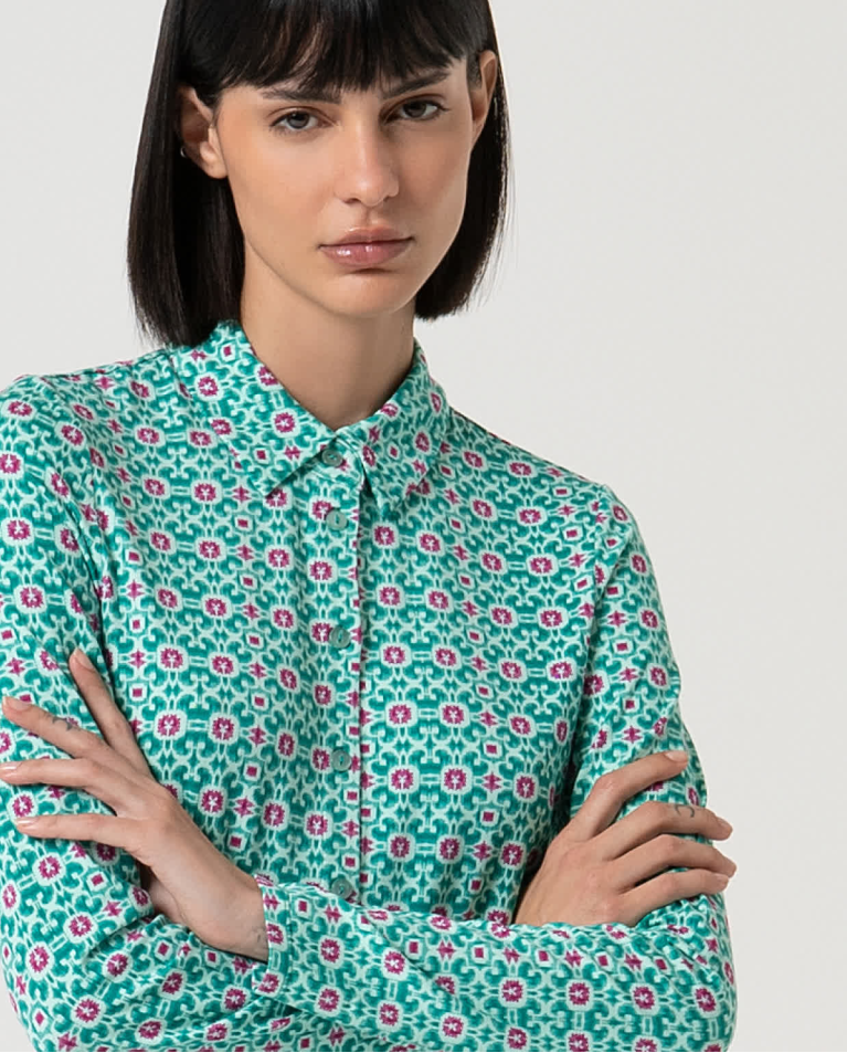 Surkana Camisa Elástica Manga Larga Estampada Turquesa