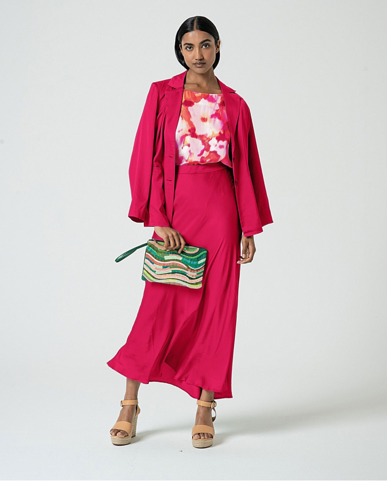 Surkana Camiseta Satinada Con Cuello Barco Estampada Fucsia