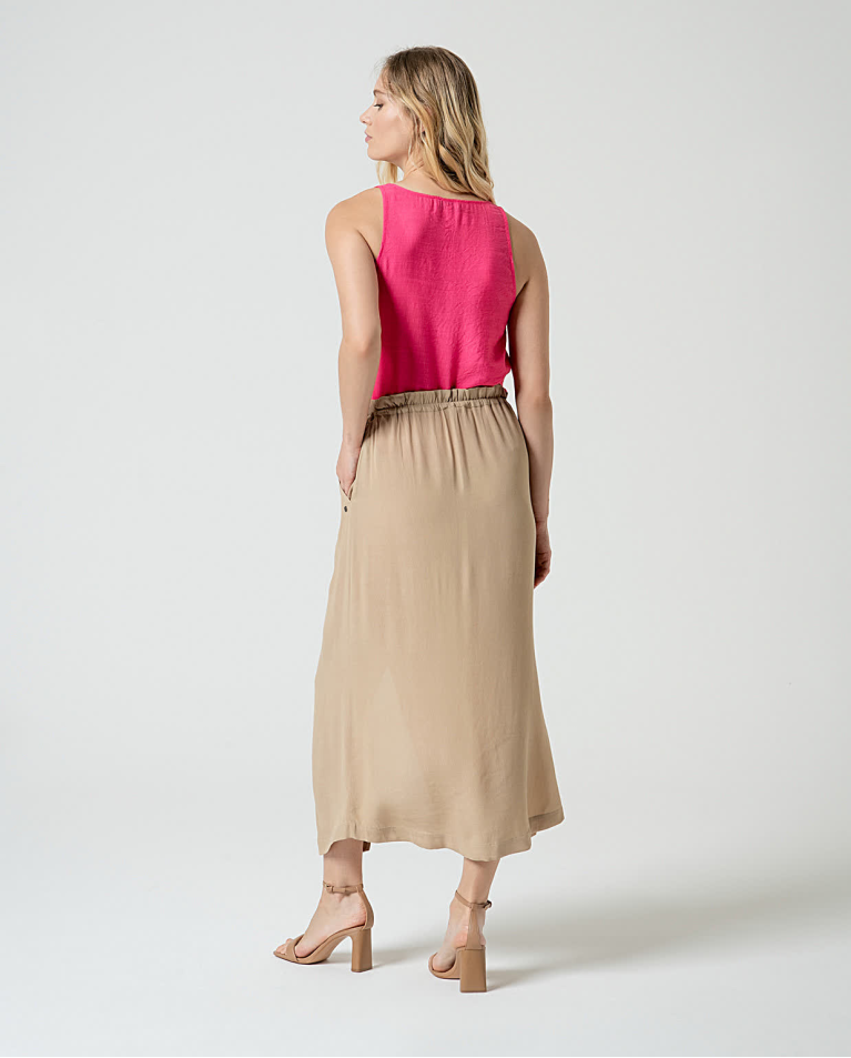 Surkana Falda Midi Ajustable En Crepe Viscosa Lisa Safari