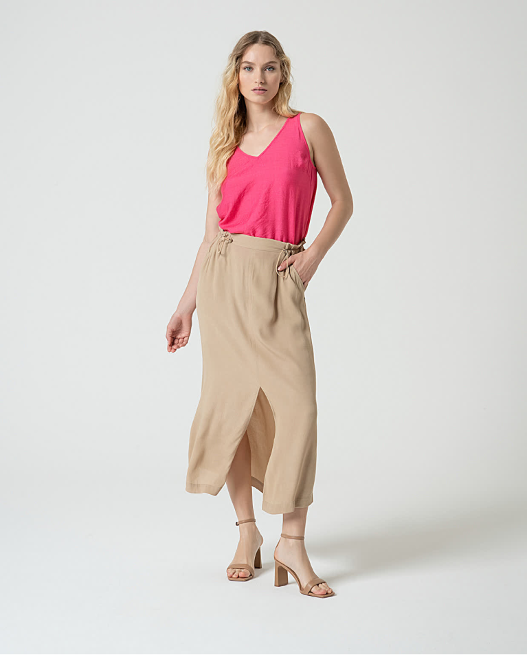 surkana Falda midi ajustable en crepe viscosa lisa Safari