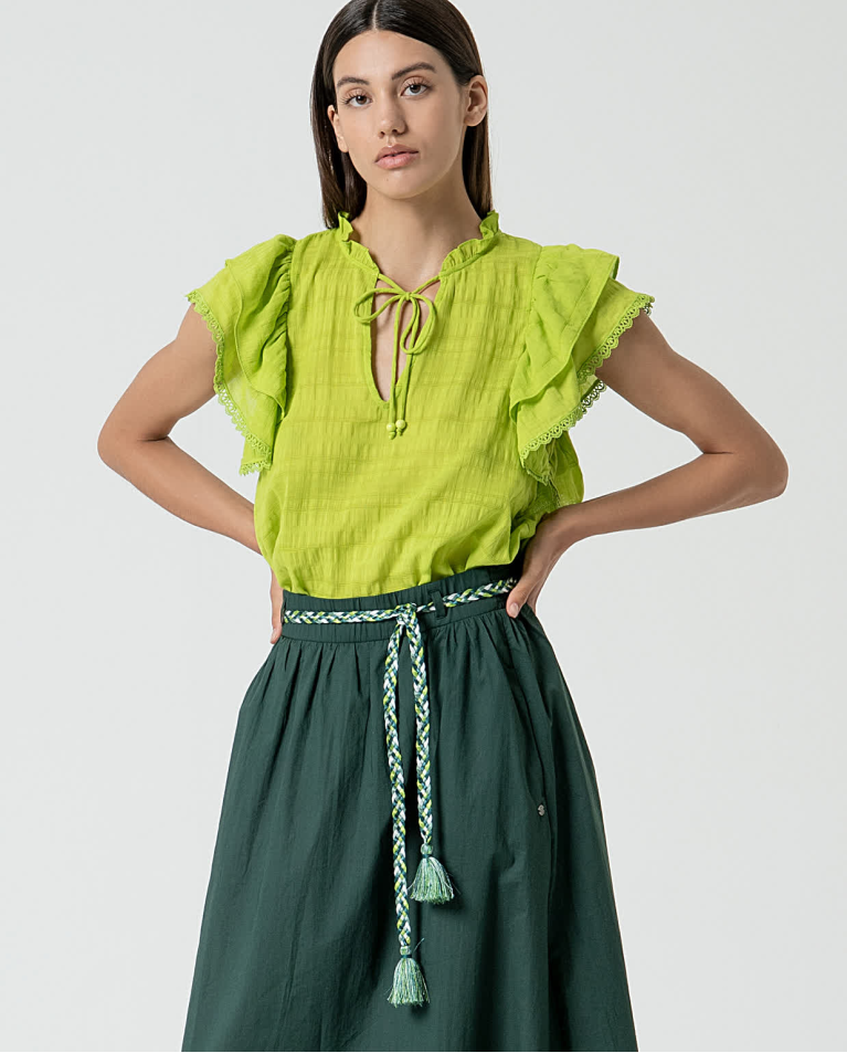 Surkana Falda Midi De Algodón Con Cinturón Verde Botella