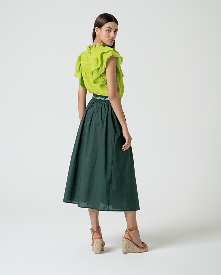 Surkana Falda Midi De Algodón Con Cinturón Verde Botella