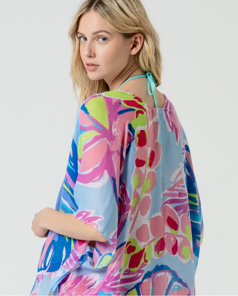 Surkana Kaftán Corto Abierto Estampado Azul Celeste