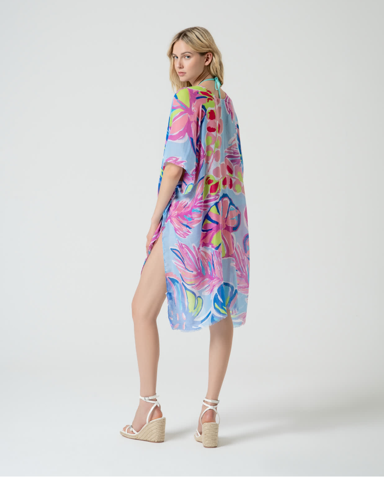 Surkana Kaftán Corto Abierto Estampado Azul Celeste