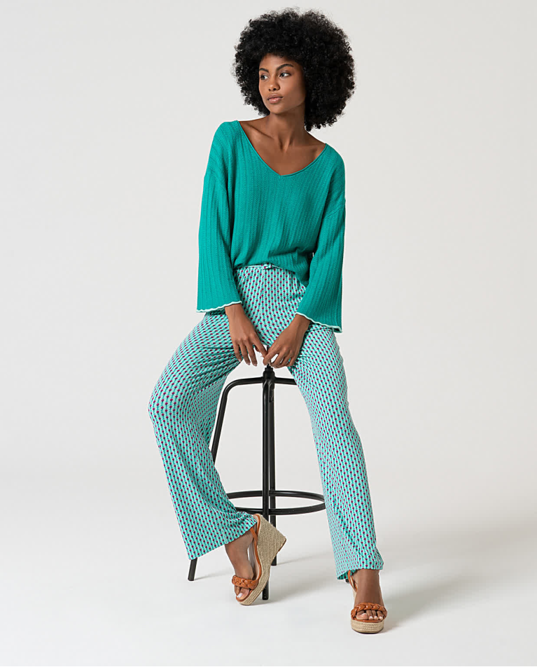 Surkana Pantalón Elástico Con Cinturón Estampado Verde Agua