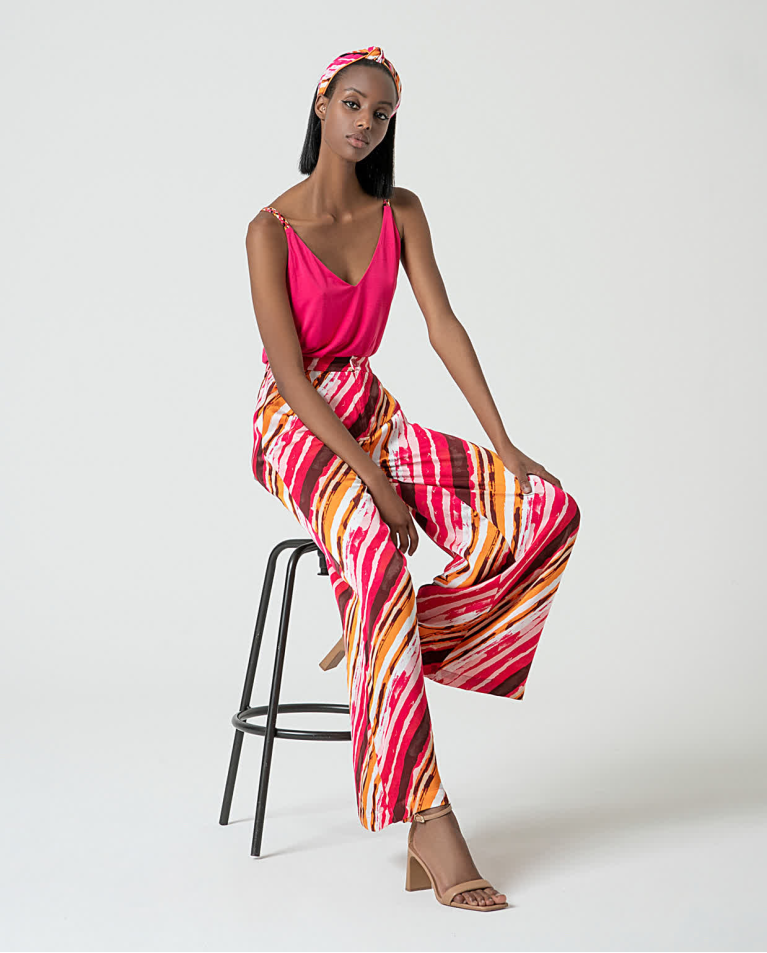 Surkana Pantalón Wide Leg Satinado Estampado Fucsia