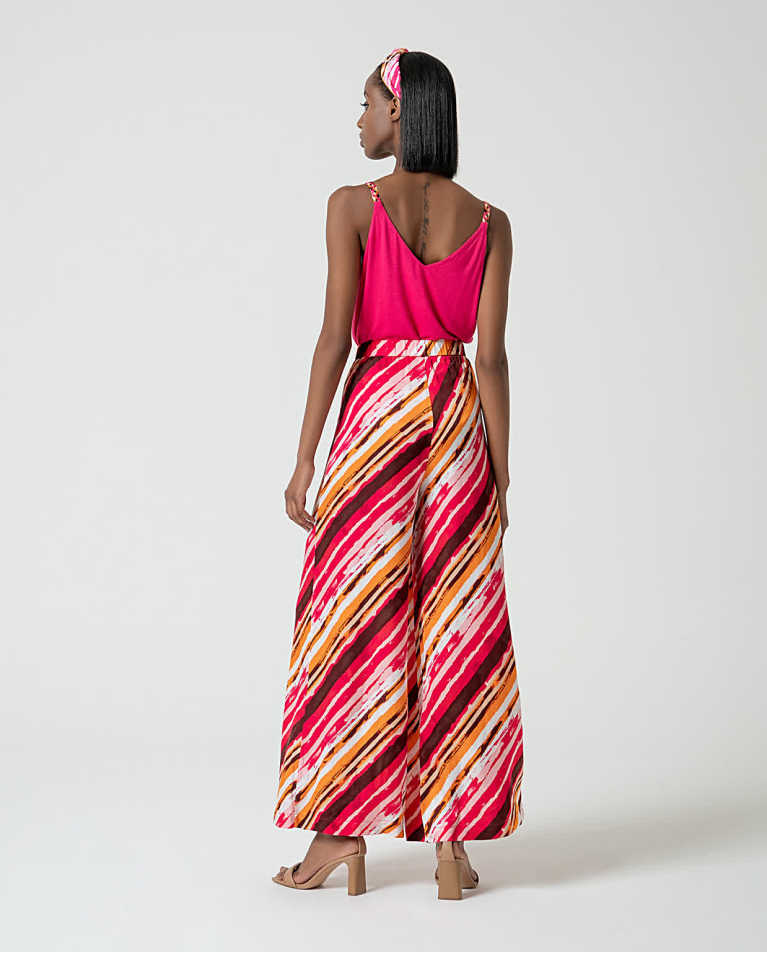 Surkana Pantalón Wide Leg Satinado Estampado Fucsia