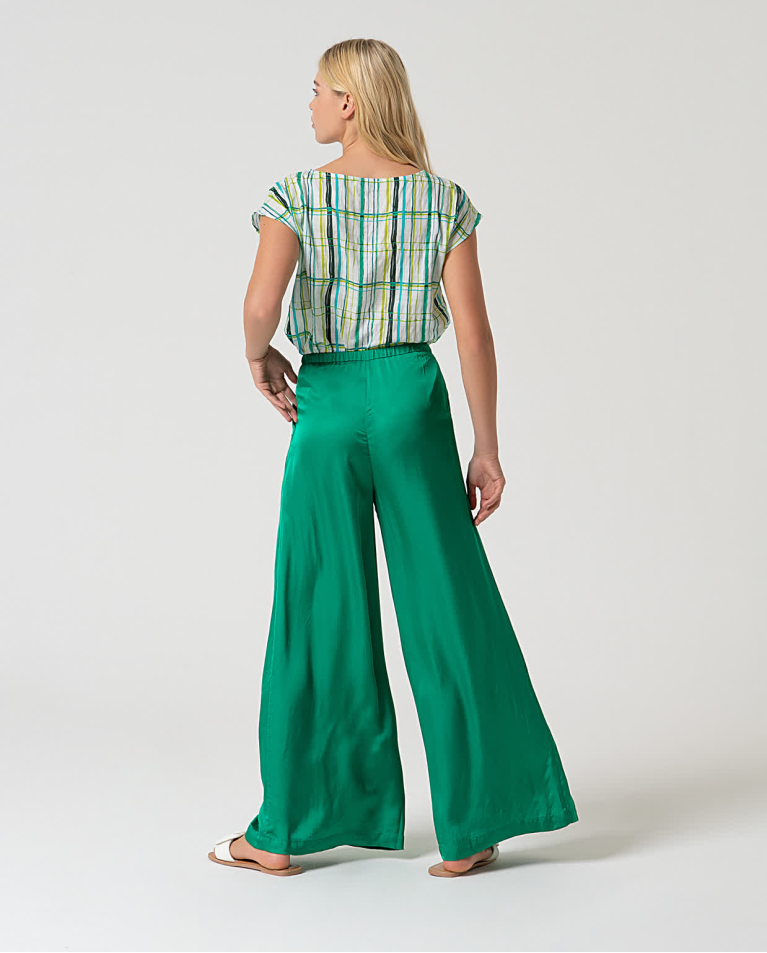 Surkana Pantalón Wide Leg Satinado Liso Verde Billiar