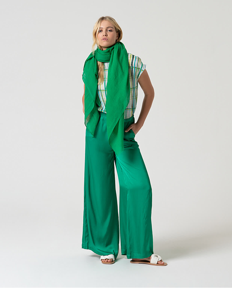 Surkana Pantalón Wide Leg Satinado Liso Verde Billiar