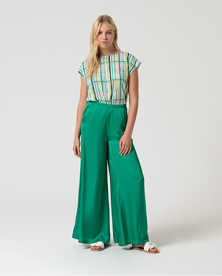 surkana Pantalón wide leg satinado liso Verde Billiar