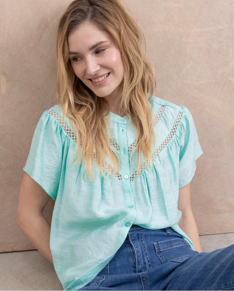 Surkana Blusa Bordados Perforados Lisa Verde Agua