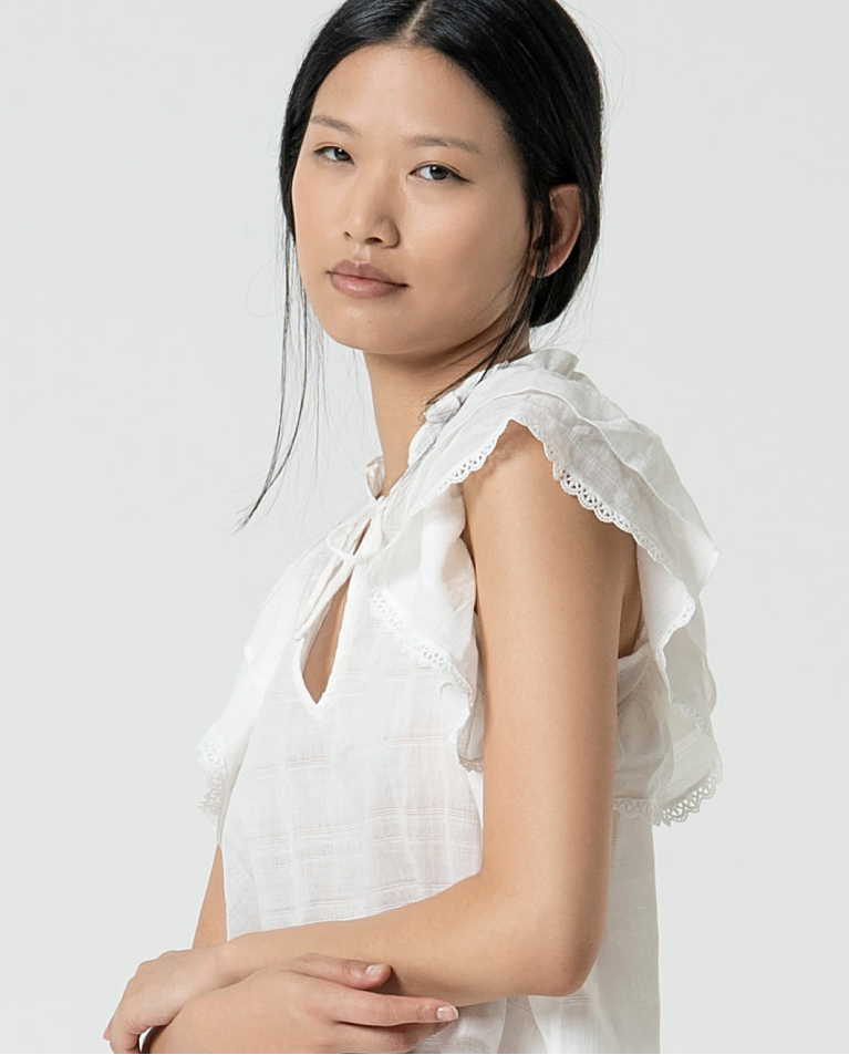 Surkana Blusa Romántica Con Volantes Lisa Blanco