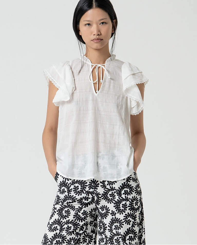 surkana Blusa romántica con volantes lisa Blanco